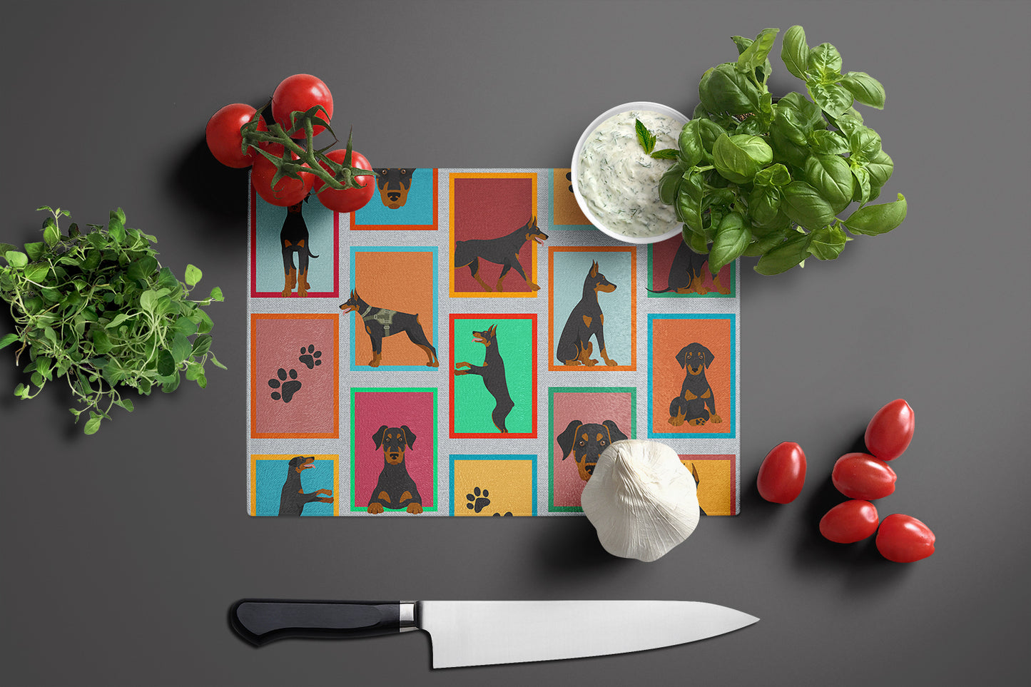 Lots of Doberman Pinscher Glass Cutting Board