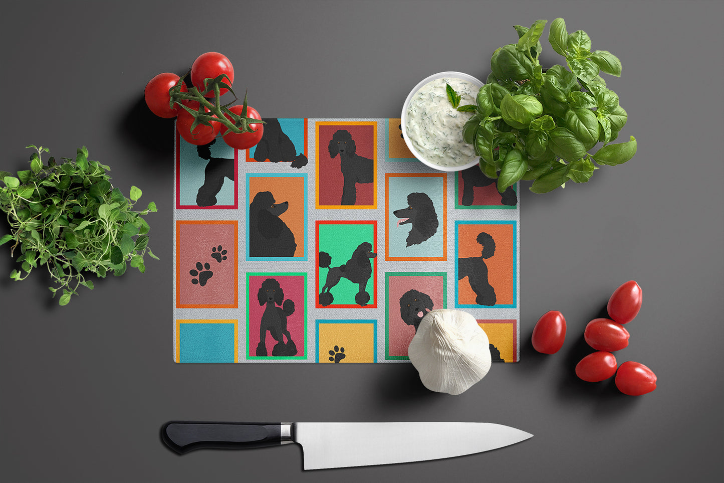 Lots of Black Standard Poodle Glass Cutting Board