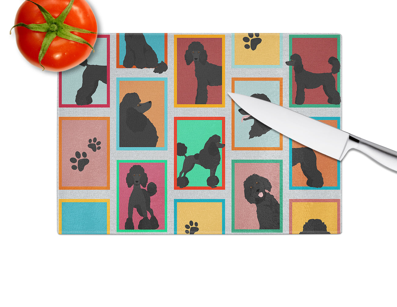 Lots of Black Standard Poodle Glass Cutting Board