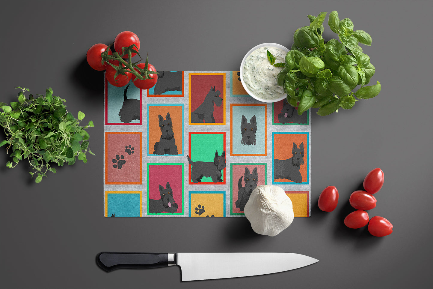 Lots of Scottish Terrier Glass Cutting Board