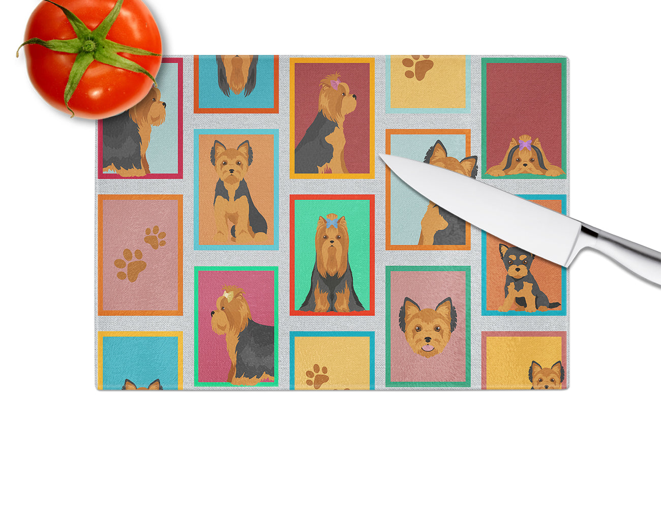 Lots of Black and Tan Yorkie Glass Cutting Board