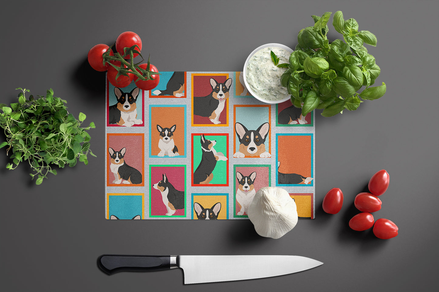 Lots of Tricolor Cardigan Corgi Glass Cutting Board