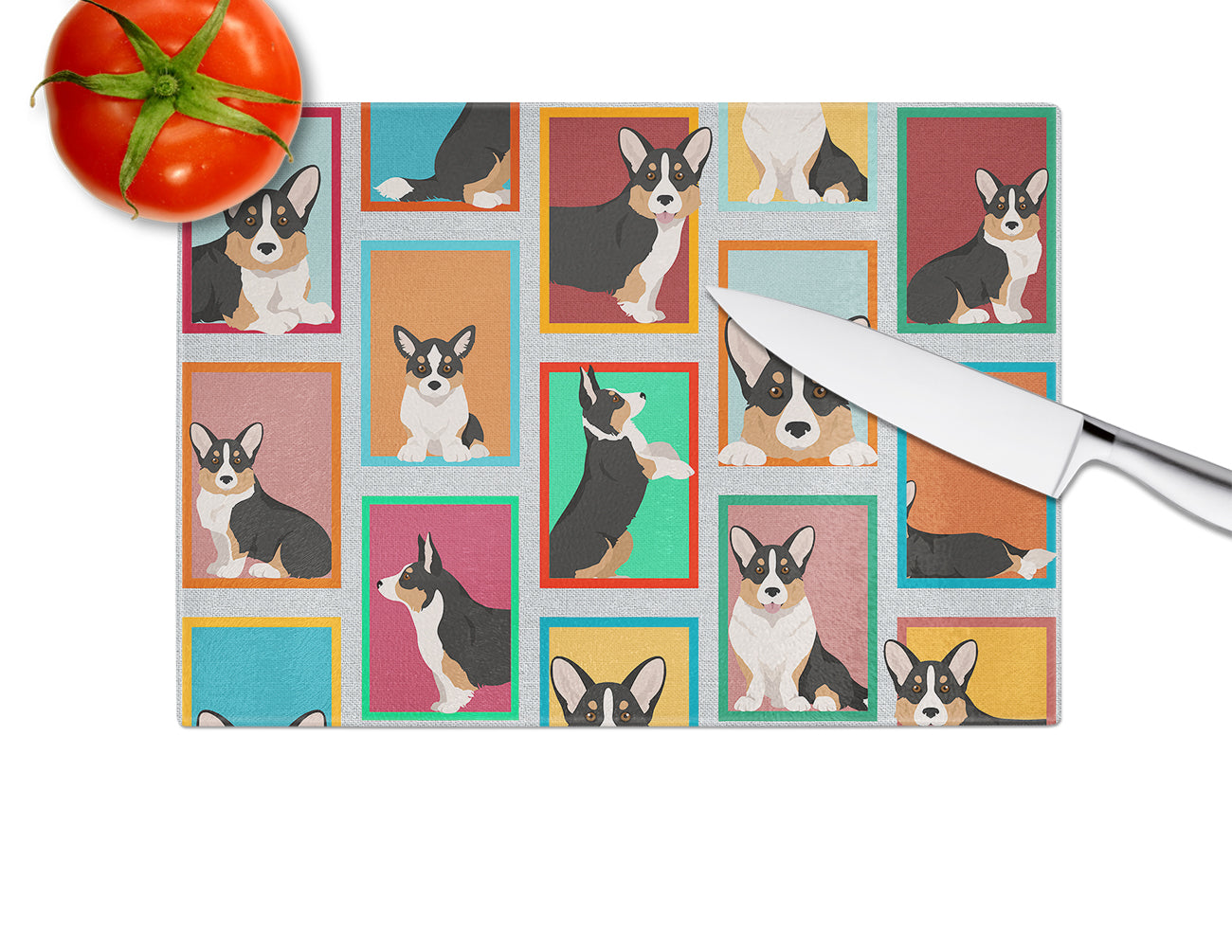 Lots of Tricolor Cardigan Corgi Glass Cutting Board