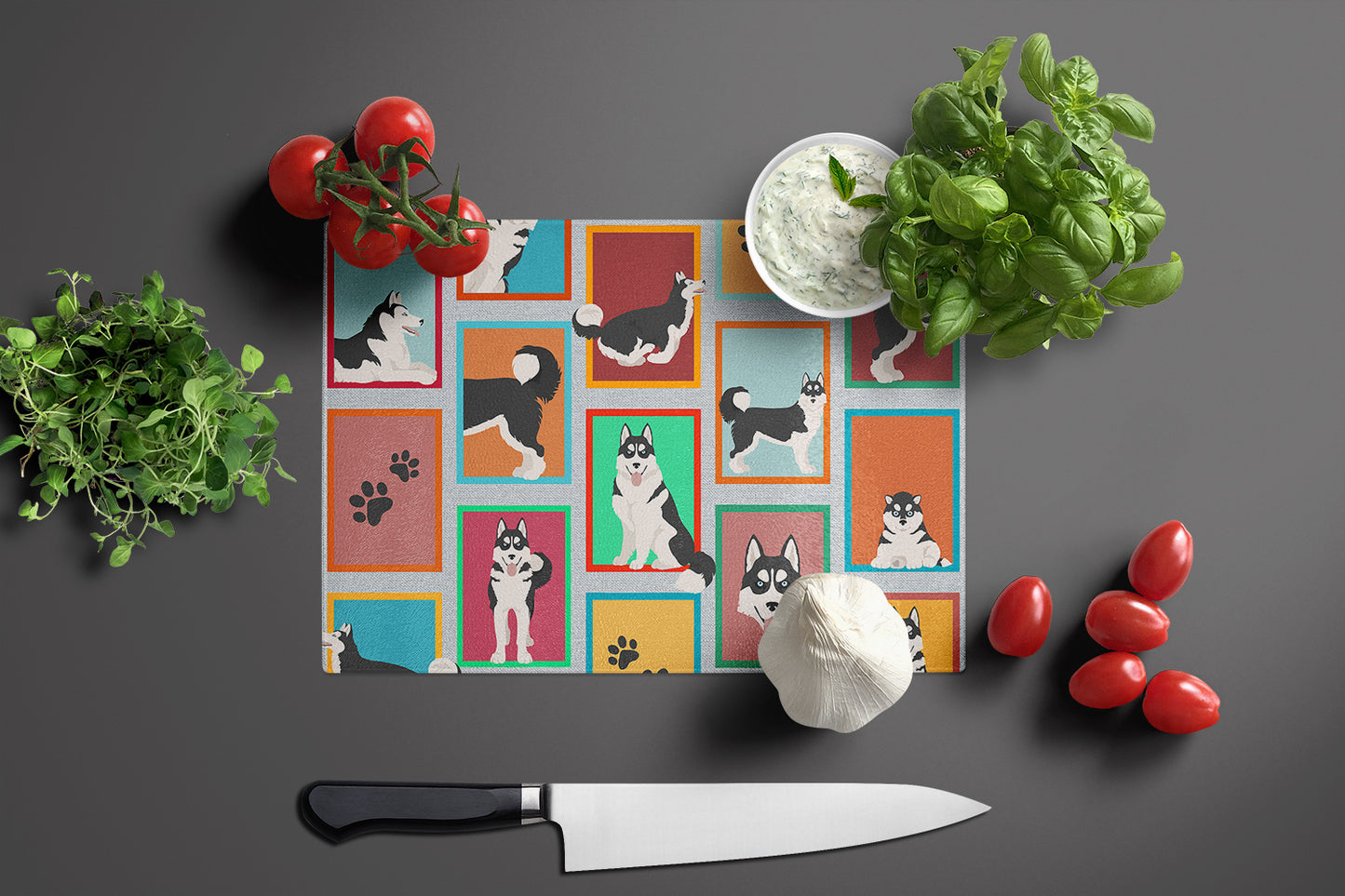 Lots of Siberian Husky Glass Cutting Board