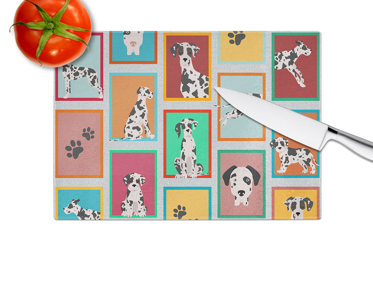 Lots of Harlequin Natural Ears Great Dane Glass Cutting Board