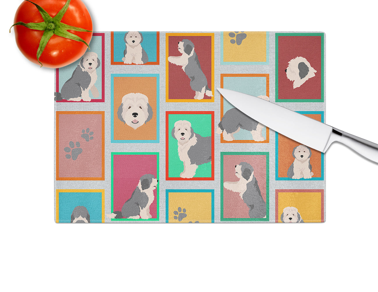 Lots of Old English Sheepdog Glass Cutting Board