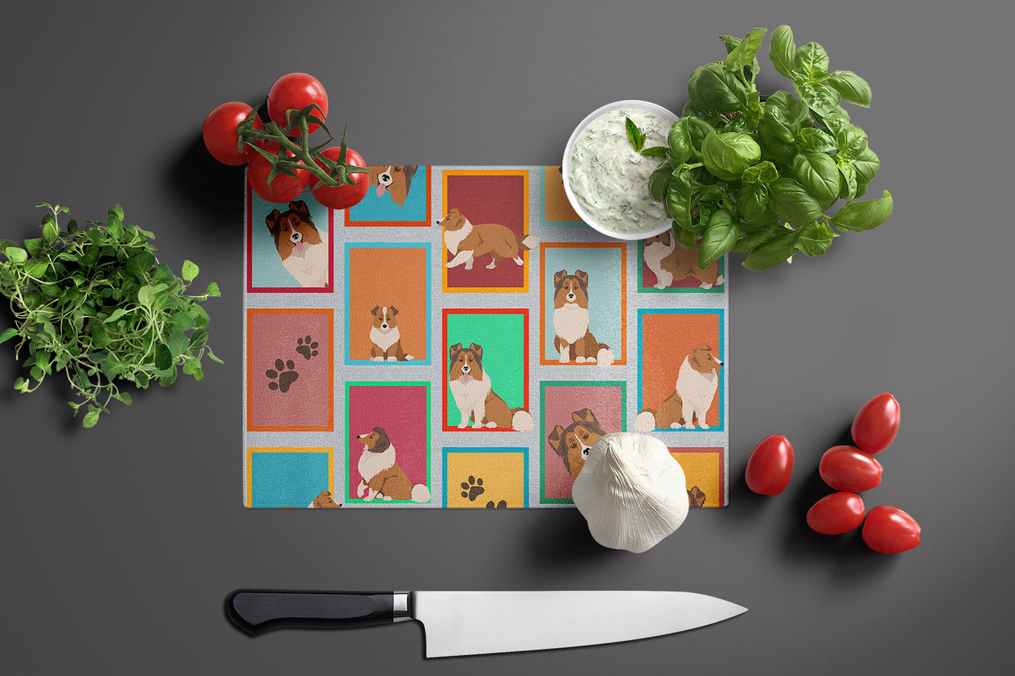 Lots of Sheltie Glass Cutting Board