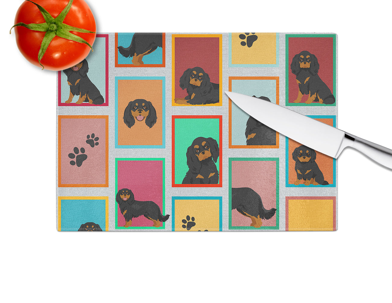 Lots of Black and Tan Cavalier King Charles Spaniel Glass Cutting Board