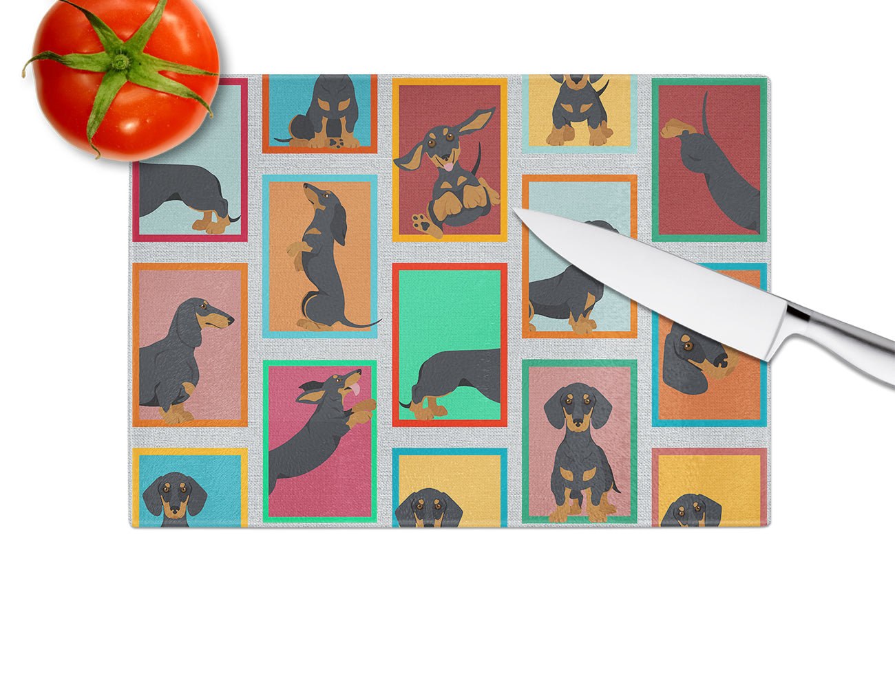 Lots of Black and Tan Dachshund Glass Cutting Board