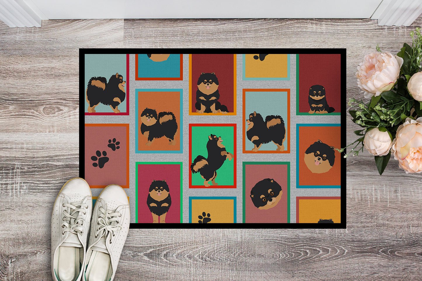 Lots of Black and Tan Pomeranian Doormat