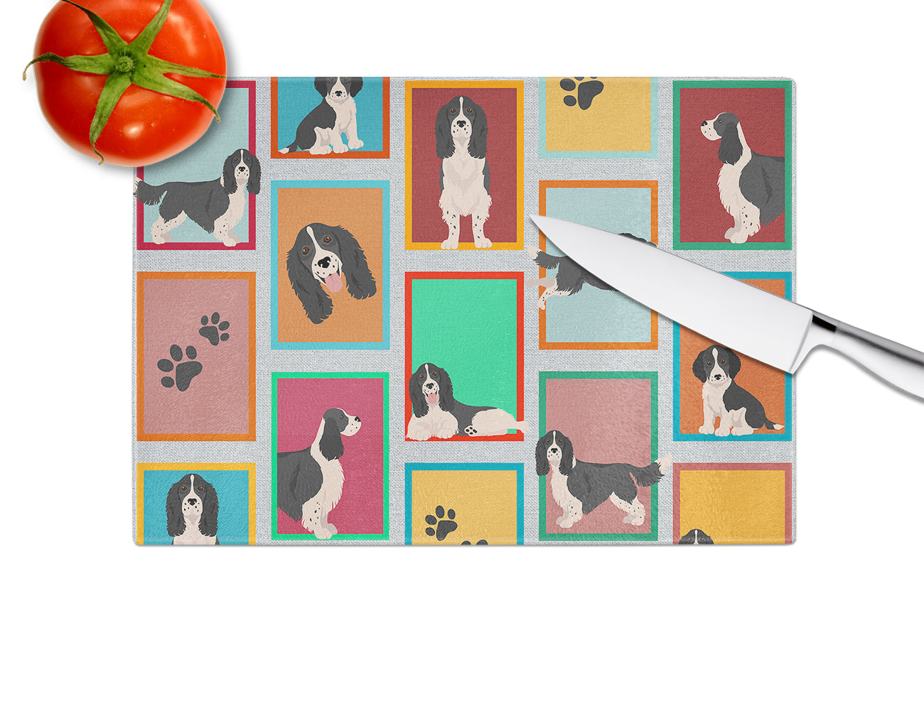 Lots of Black and White English Springer Spaniel Glass Cutting Board