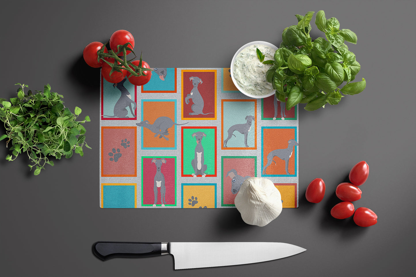 Lots of Italian Greyhound Glass Cutting Board