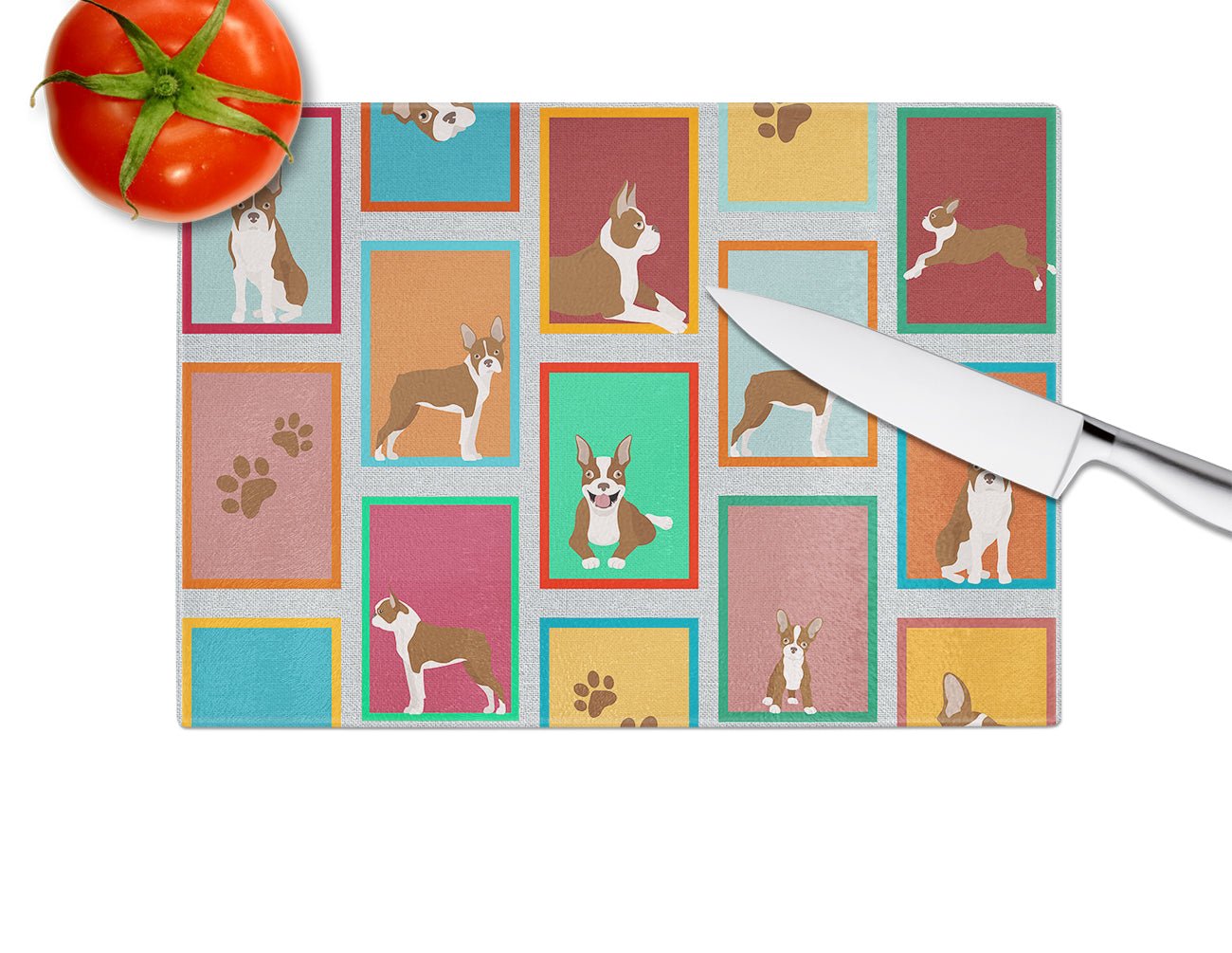 Lots of Red Boston Terrier Glass Cutting Board