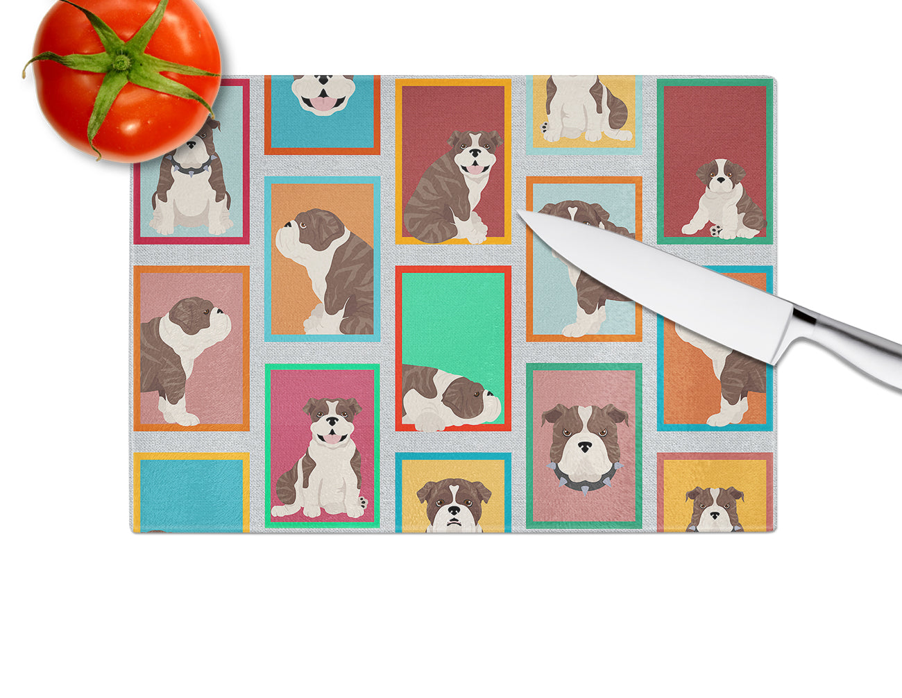 Lots of Brindle English Bulldog Glass Cutting Board