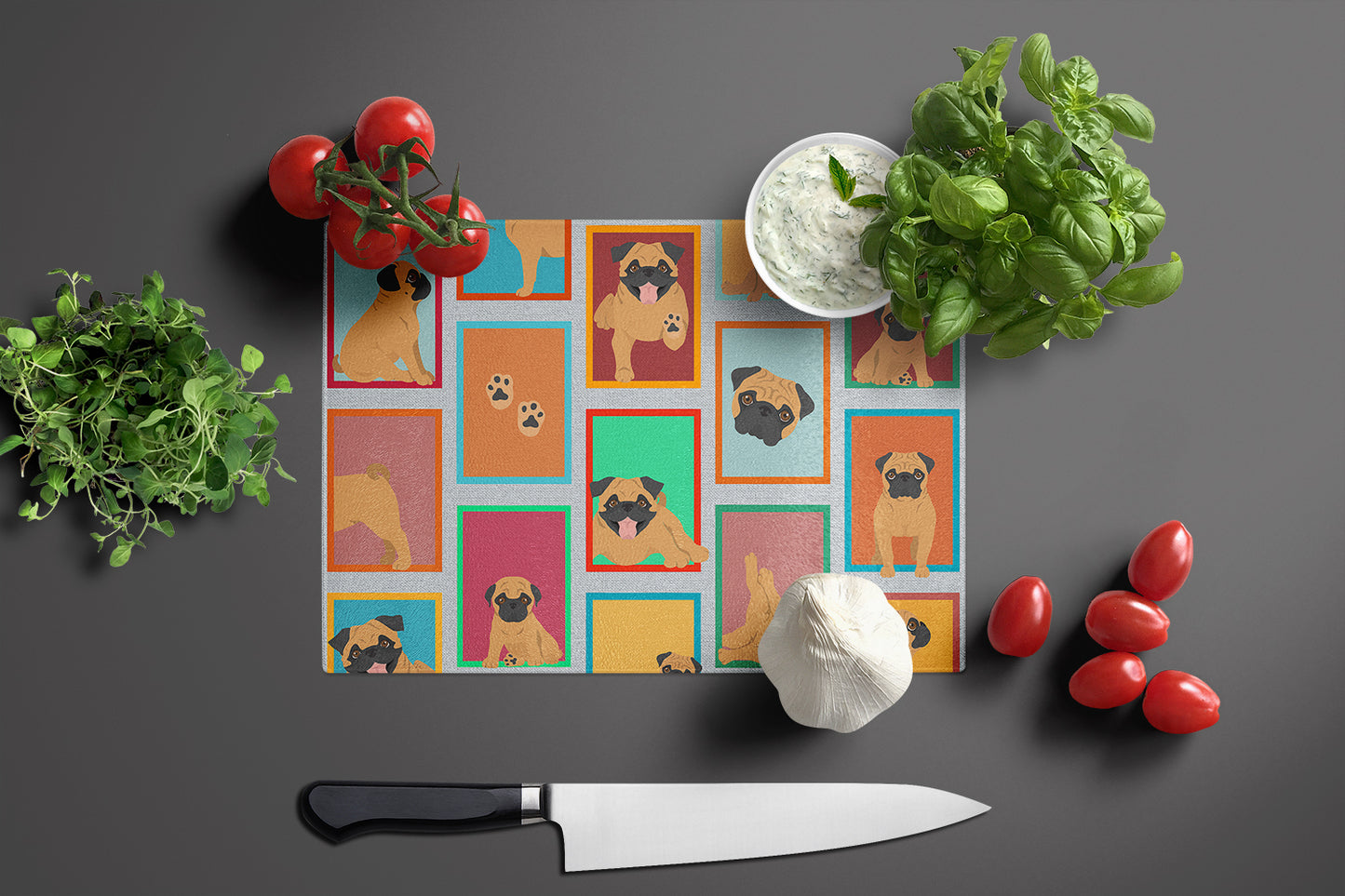 Lots of Apricot Pug Glass Cutting Board