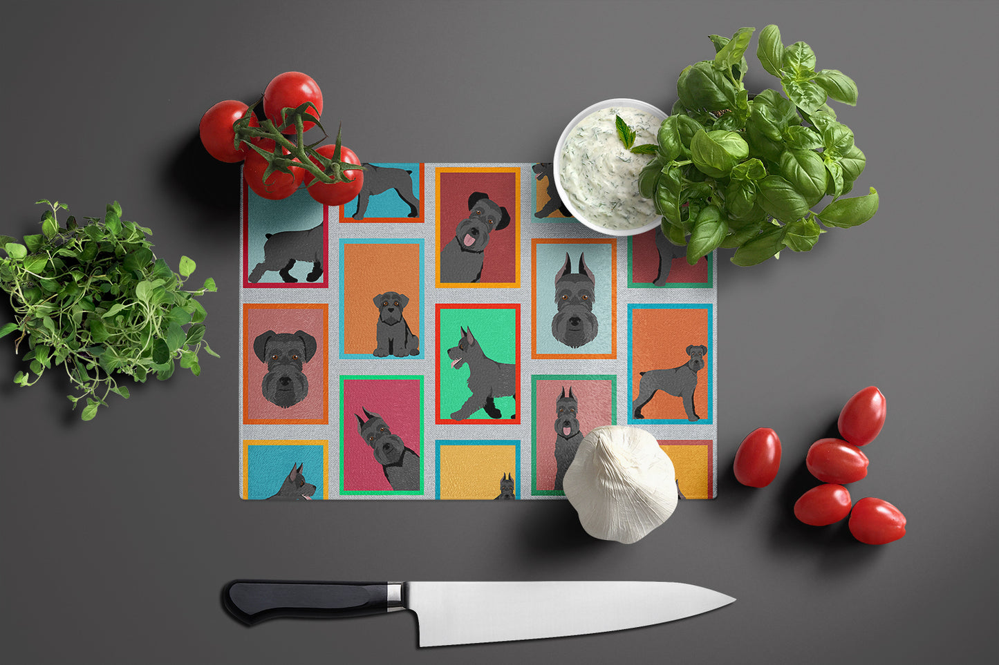 Lots of Black Schnauzer Glass Cutting Board