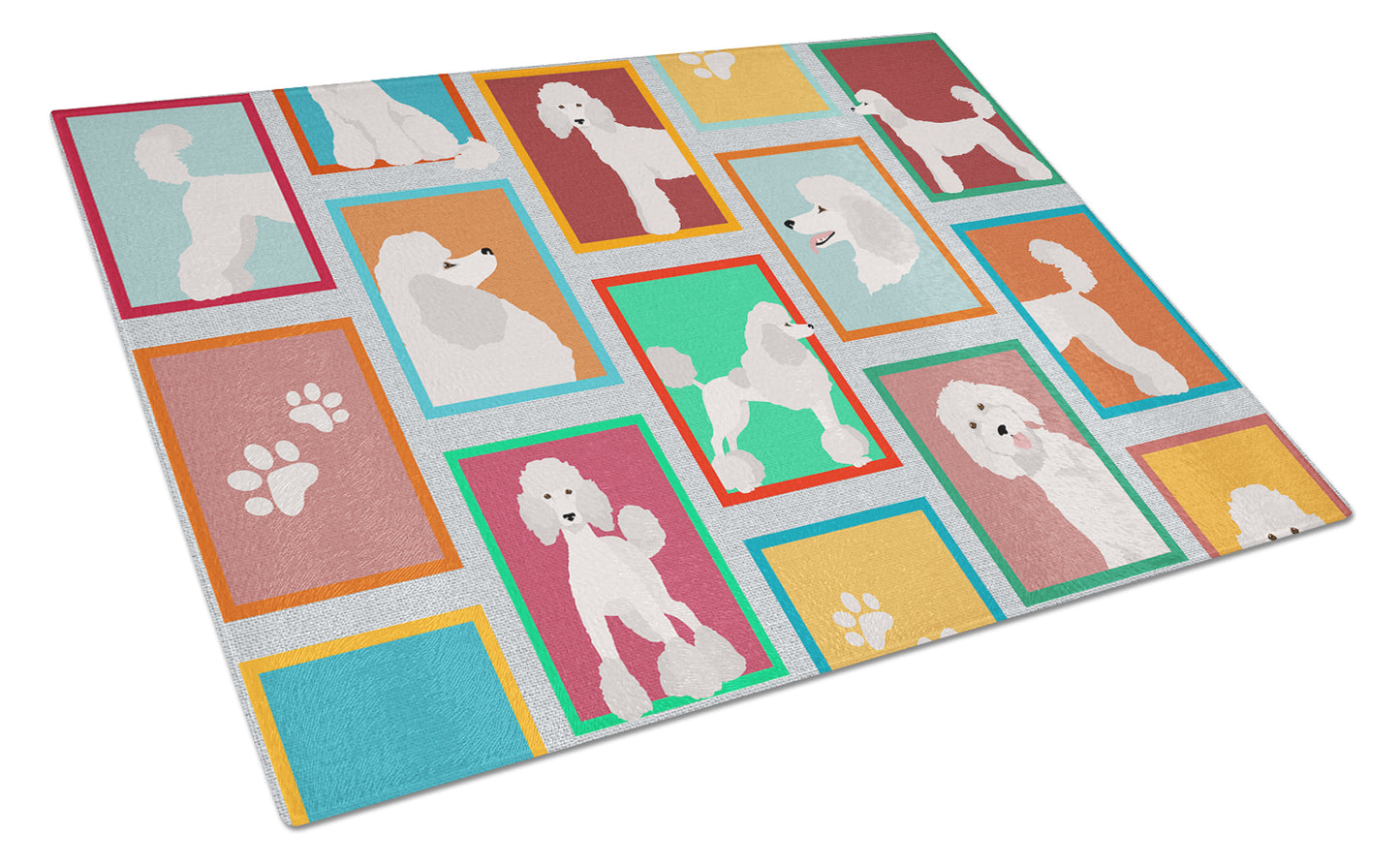 Buy this Lots of White Standard Poodle Glass Cutting Board