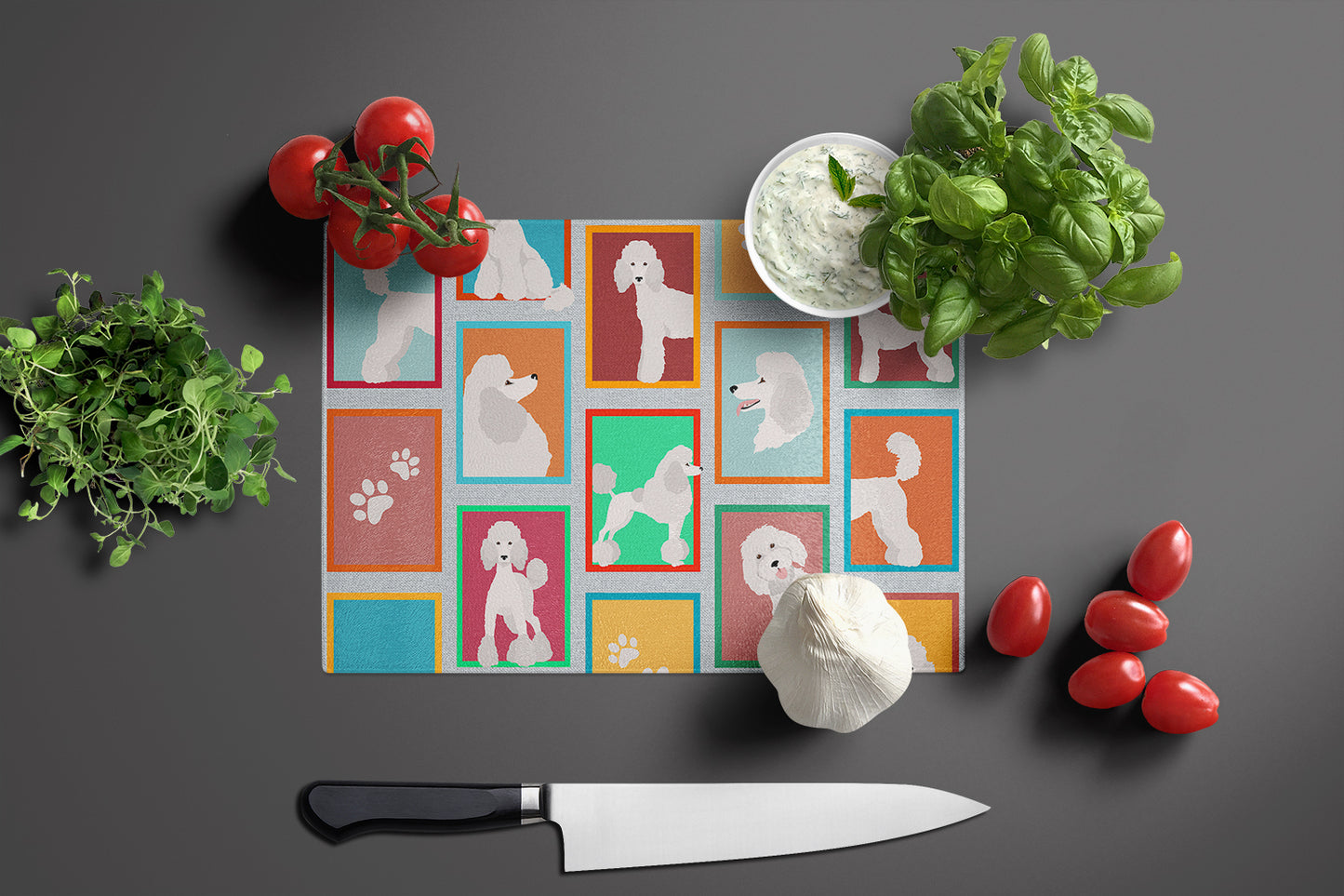 Lots of White Standard Poodle Glass Cutting Board