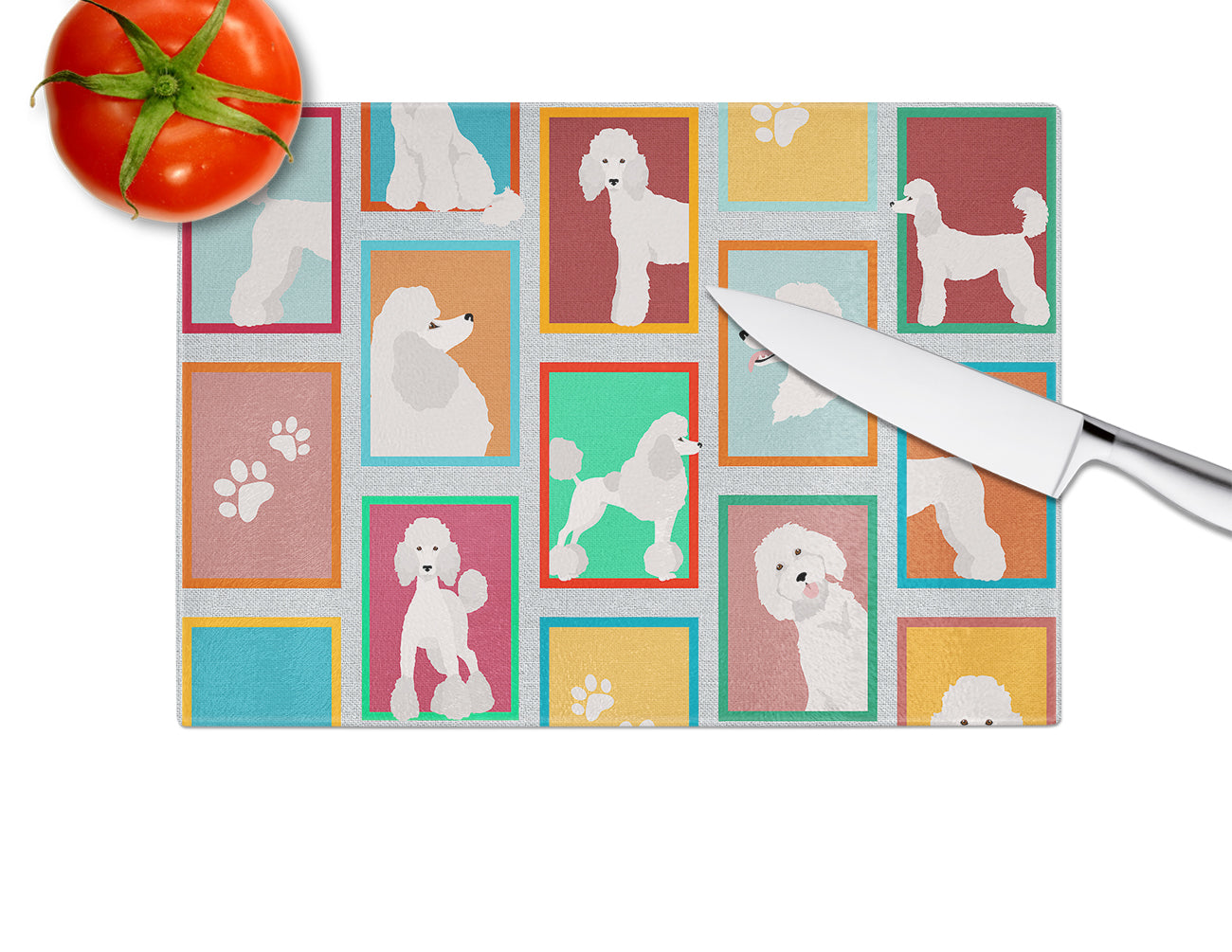 Lots of White Standard Poodle Glass Cutting Board