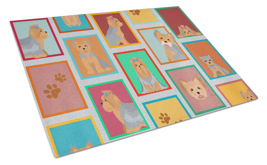 Buy this Lots of Blue and Tan Yorkie Glass Cutting Board