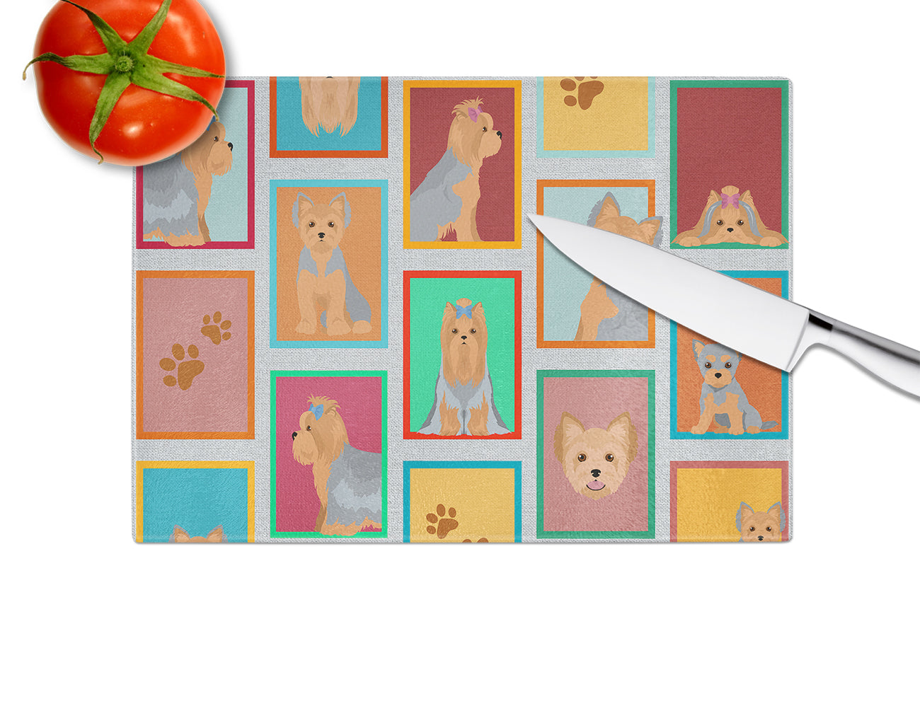 Lots of Blue and Tan Yorkie Glass Cutting Board