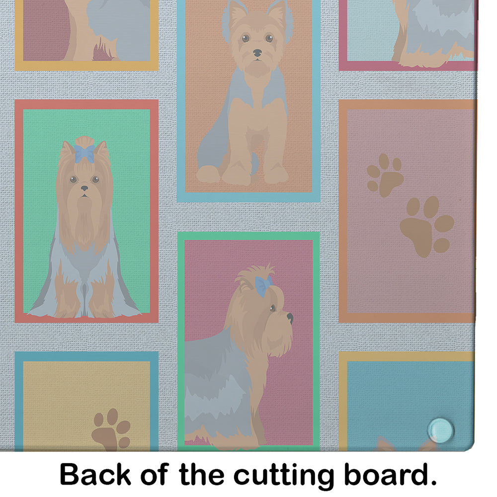 Lots of Blue and Tan Yorkie Glass Cutting Board