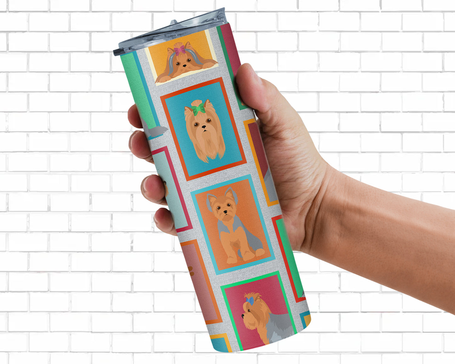 Lots of Blue and Tan Yorkie Stainless Steel Skinny Tumbler