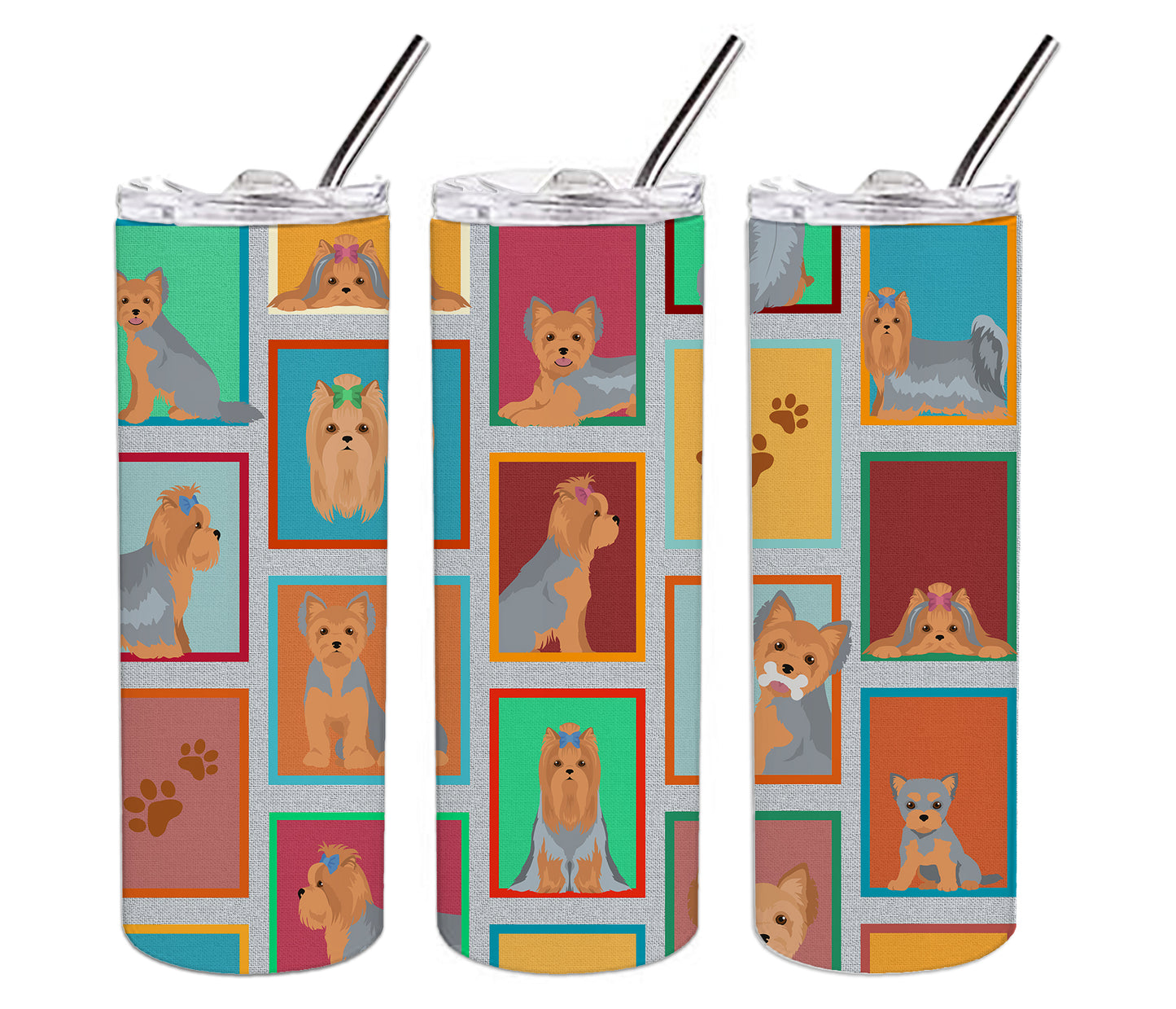 Lots of Blue and Tan Yorkie Stainless Steel Skinny Tumbler