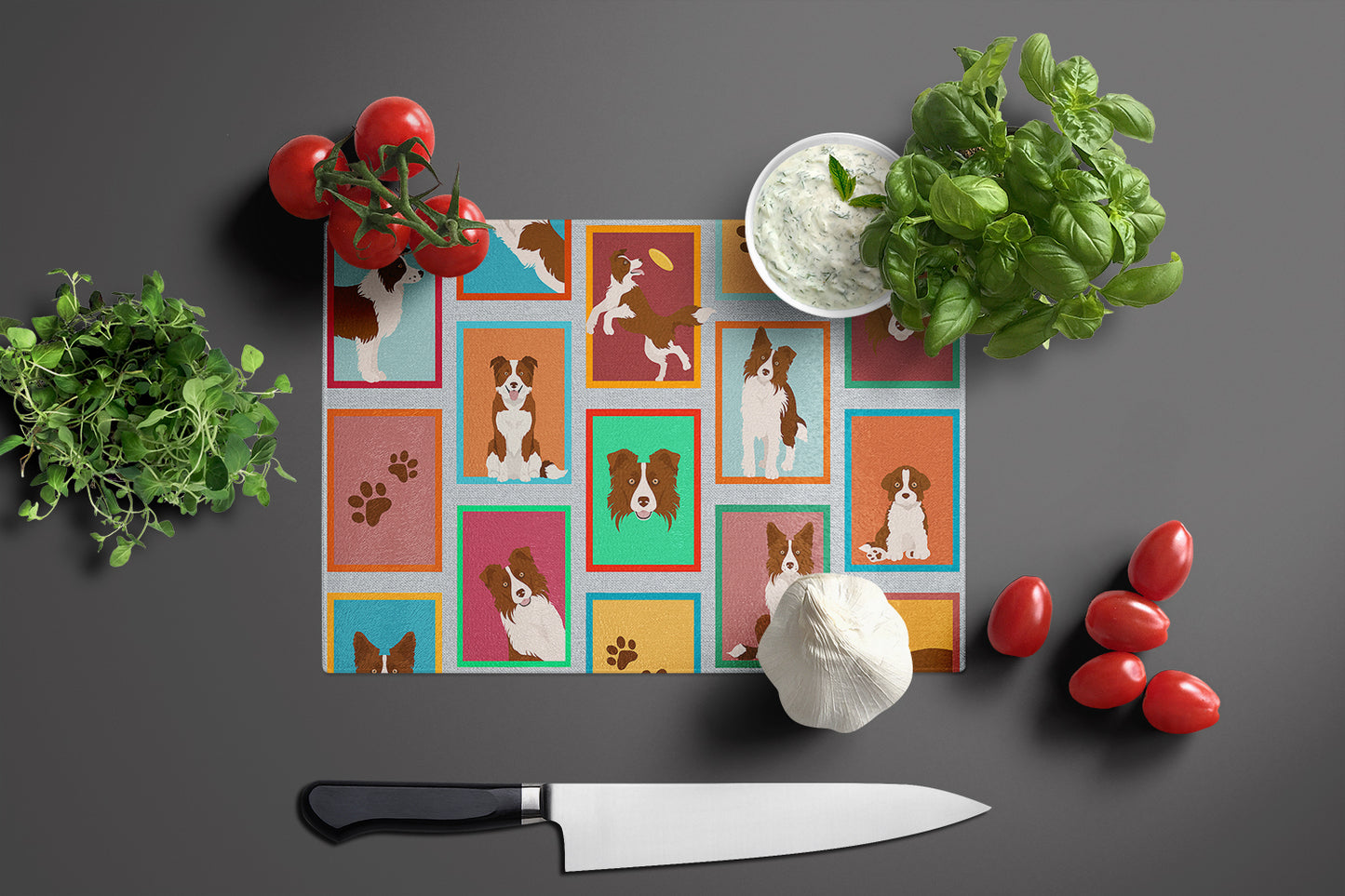 Lots of Red Border Collie Glass Cutting Board