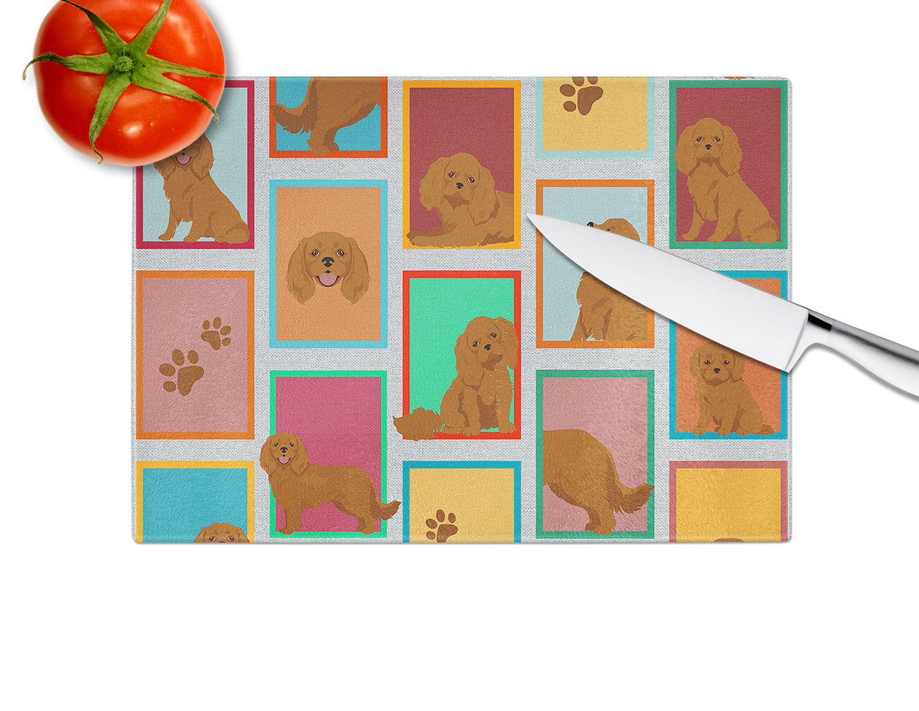 Lots of Ruby Cavalier Spaniel Glass Cutting Board