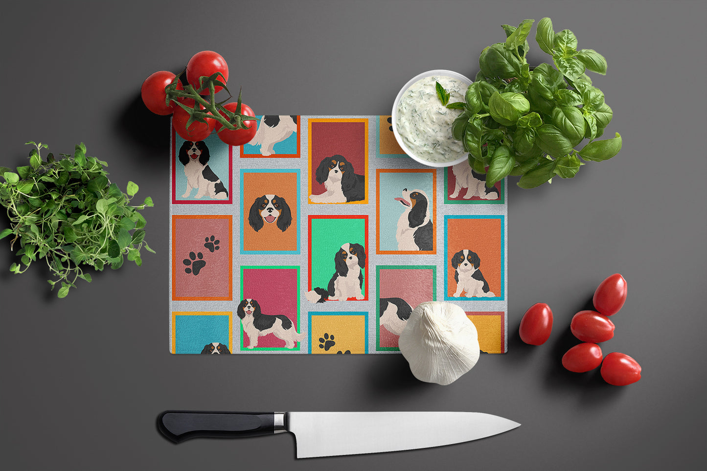 Lots of Tricolor Cavalier Spaniel Glass Cutting Board