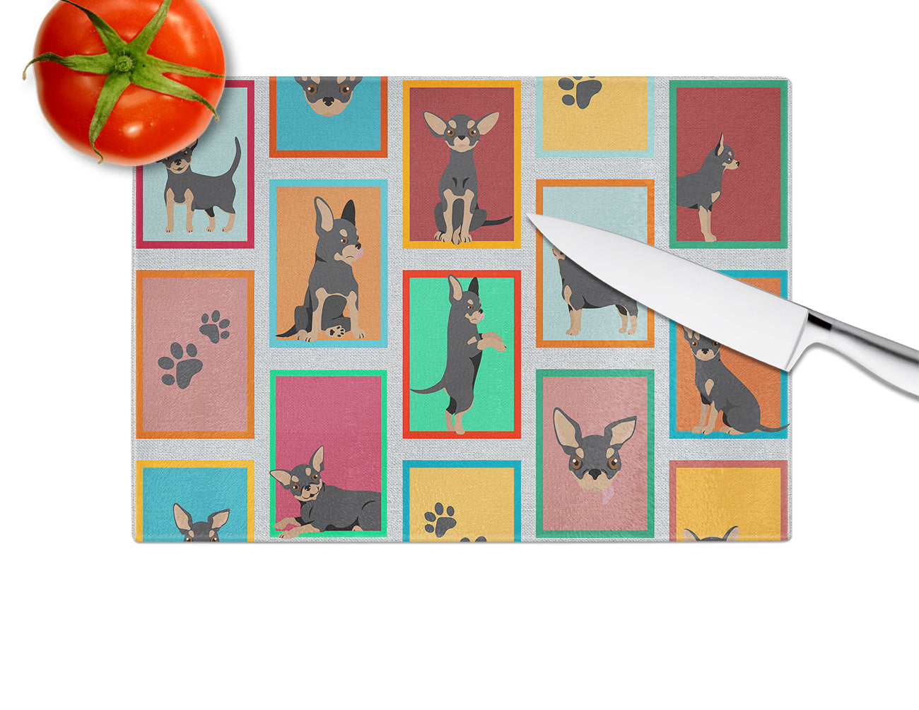 Lots of Black and Tan Chihuahua Glass Cutting Board