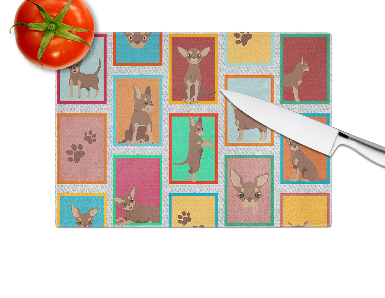 Lots of Chocolate Chihuahua Glass Cutting Board