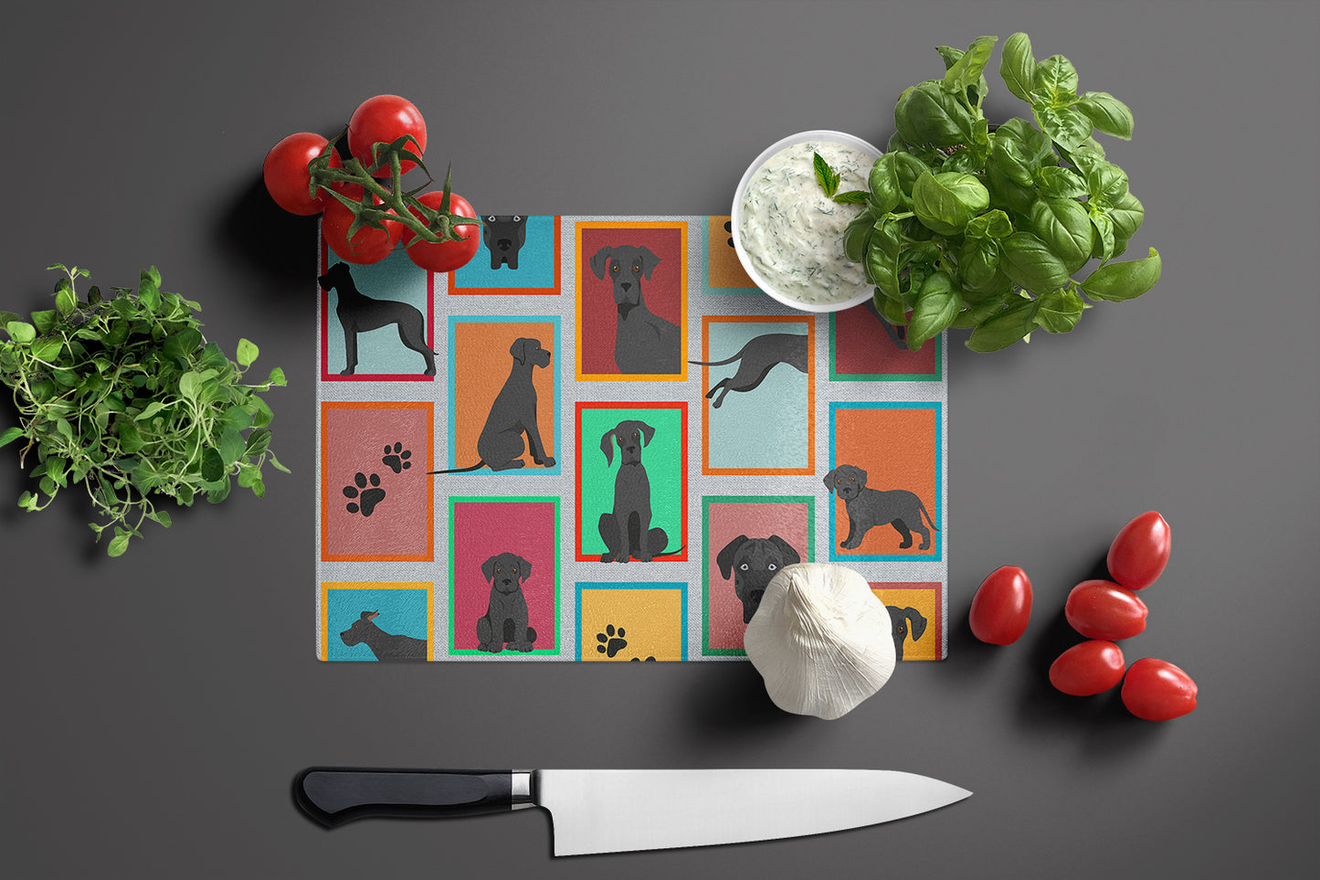 Lots of Black Great Dane Glass Cutting Board