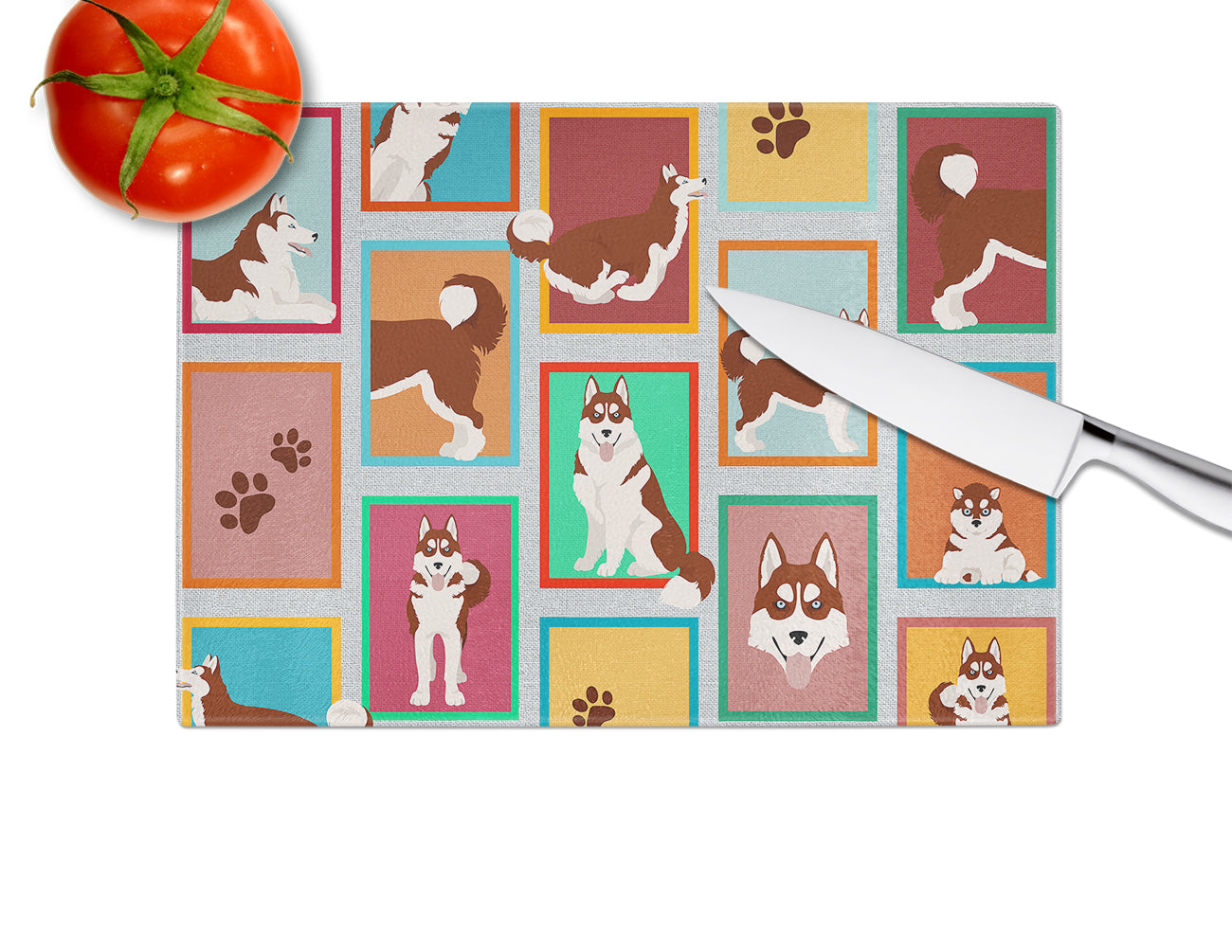 Lots of Red Siberian Husky Glass Cutting Board