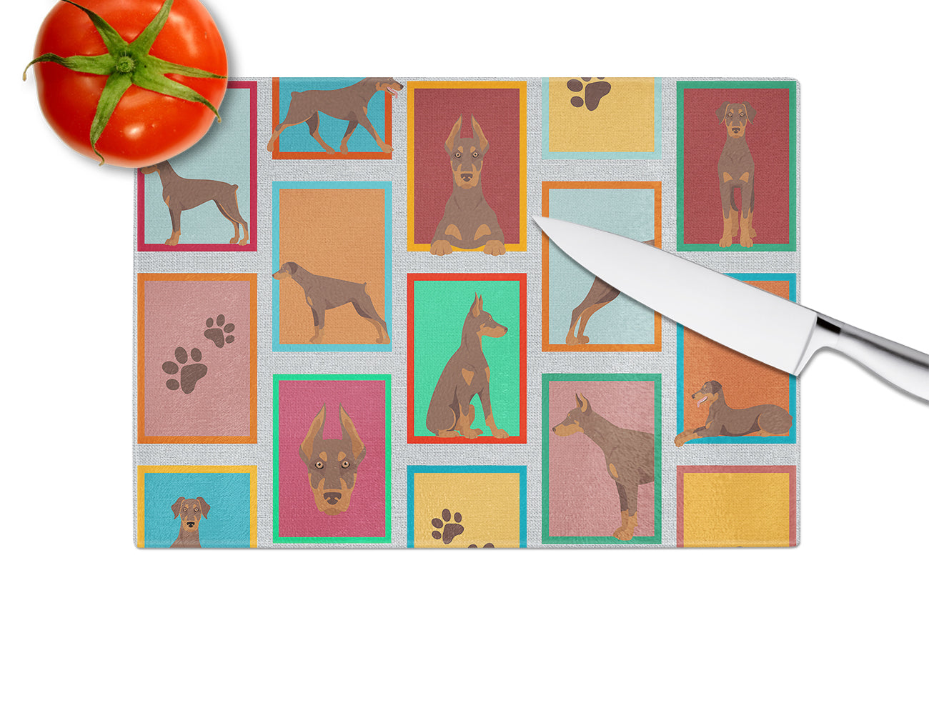 Lots of Red Doberman Pinscher Glass Cutting Board