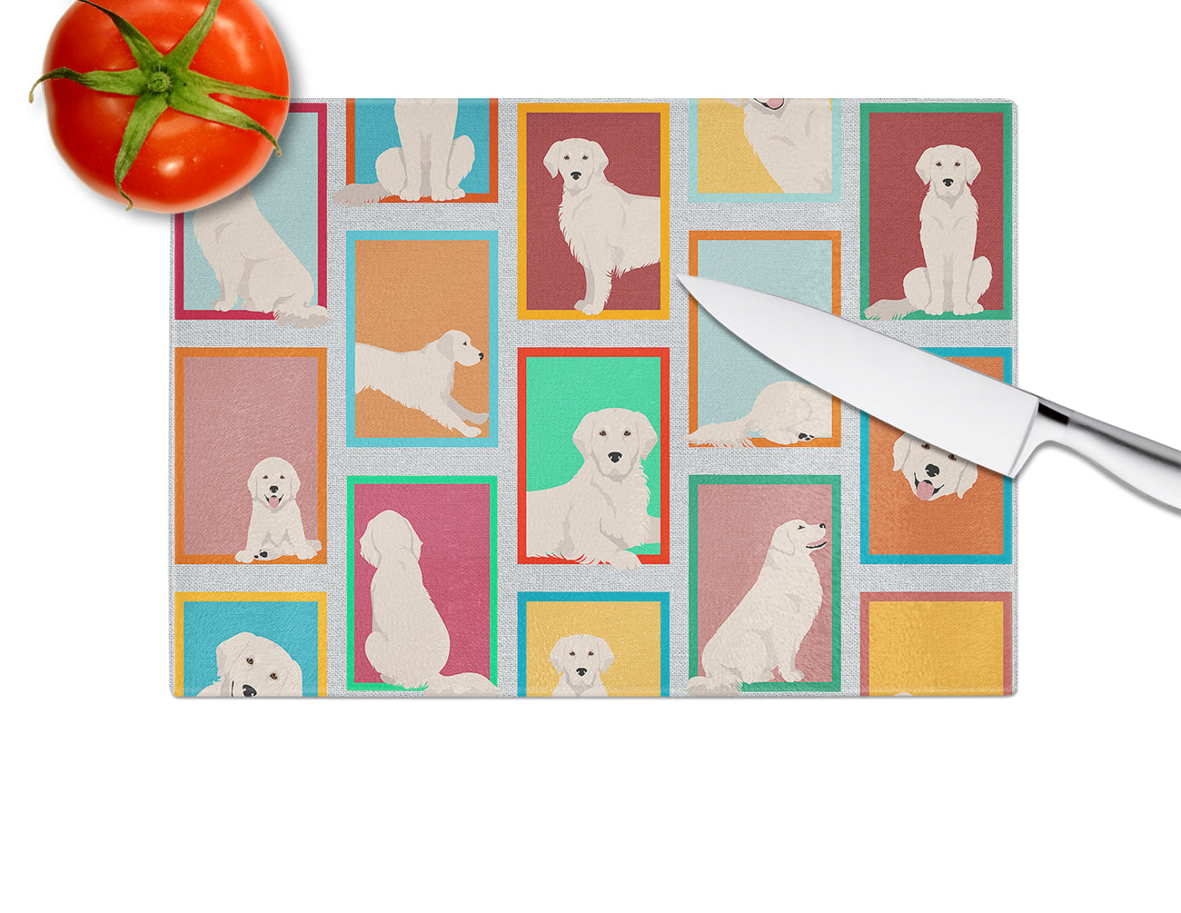 Lots of Cream Golden Retriever Glass Cutting Board