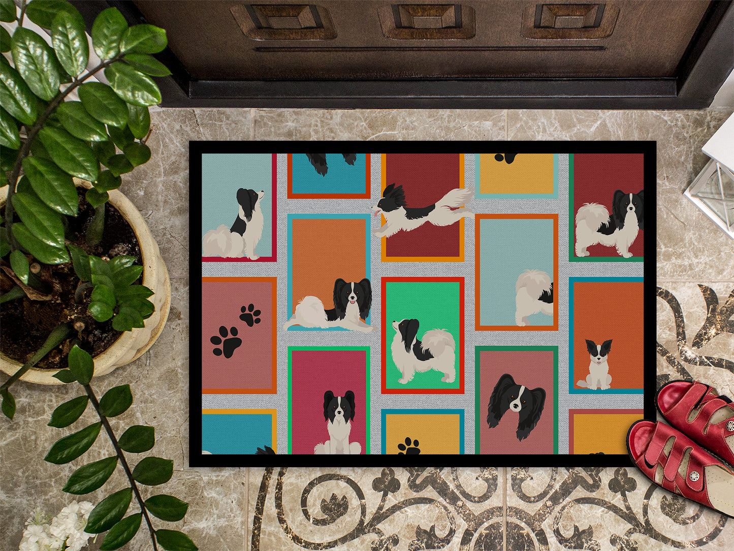 Lots of Black and Whtie Papillon Doormat