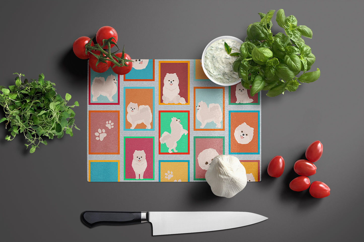 Lots of White Pomeranian Glass Cutting Board