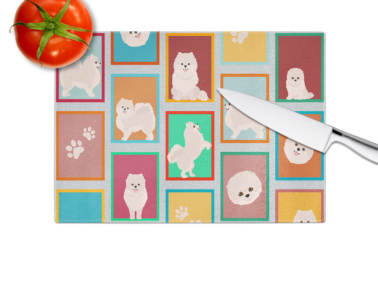 Lots of White Pomeranian Glass Cutting Board