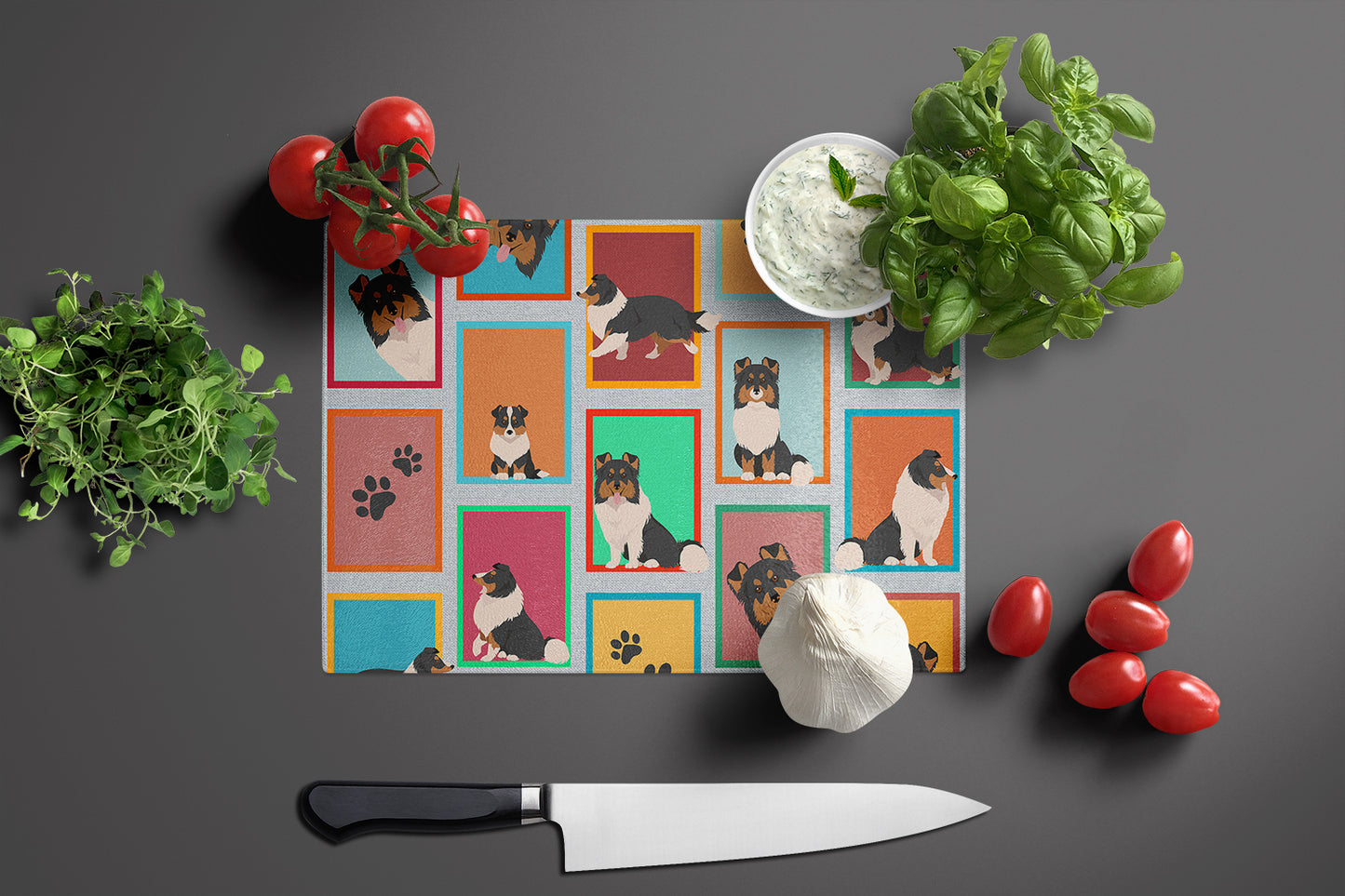 Lots of Tricolor Sheltie Glass Cutting Board