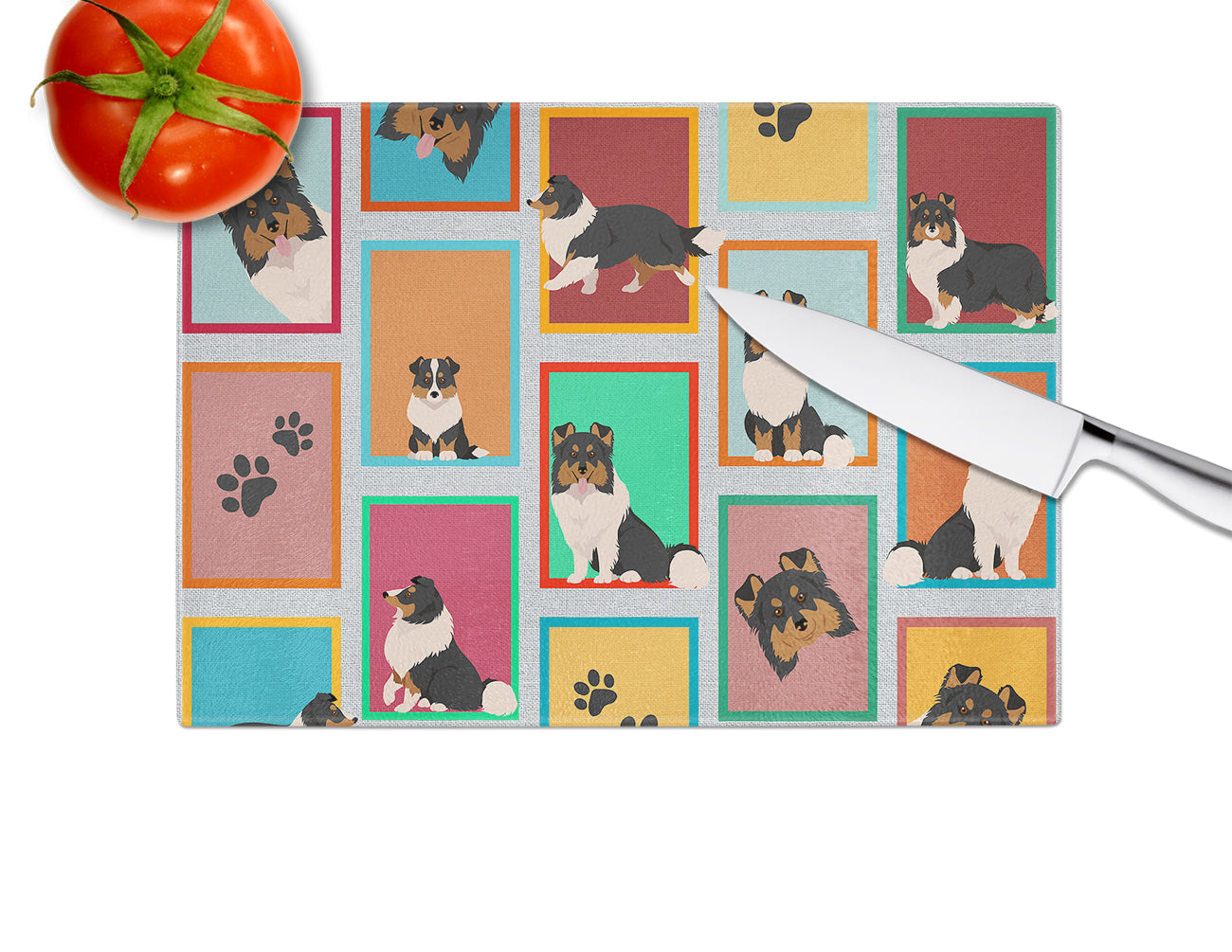 Lots of Tricolor Sheltie Glass Cutting Board