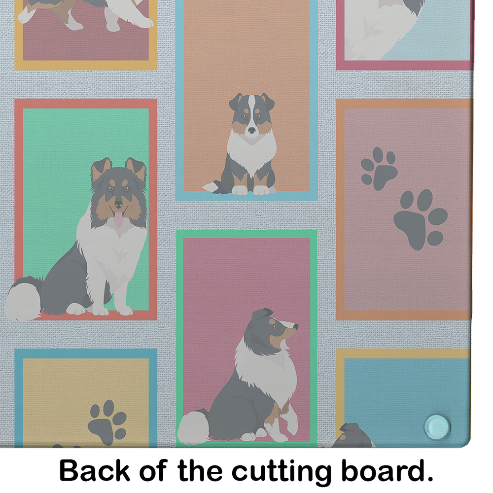 Lots of Tricolor Sheltie Glass Cutting Board