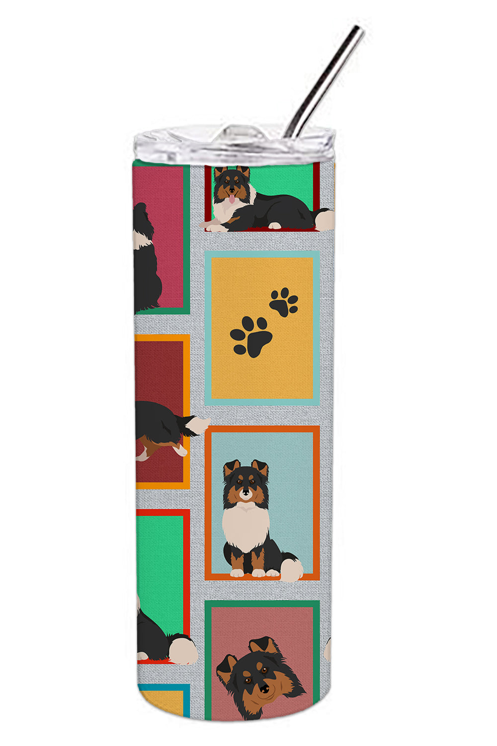 Lots of Tricolor Sheltie Stainless Steel Skinny Tumbler