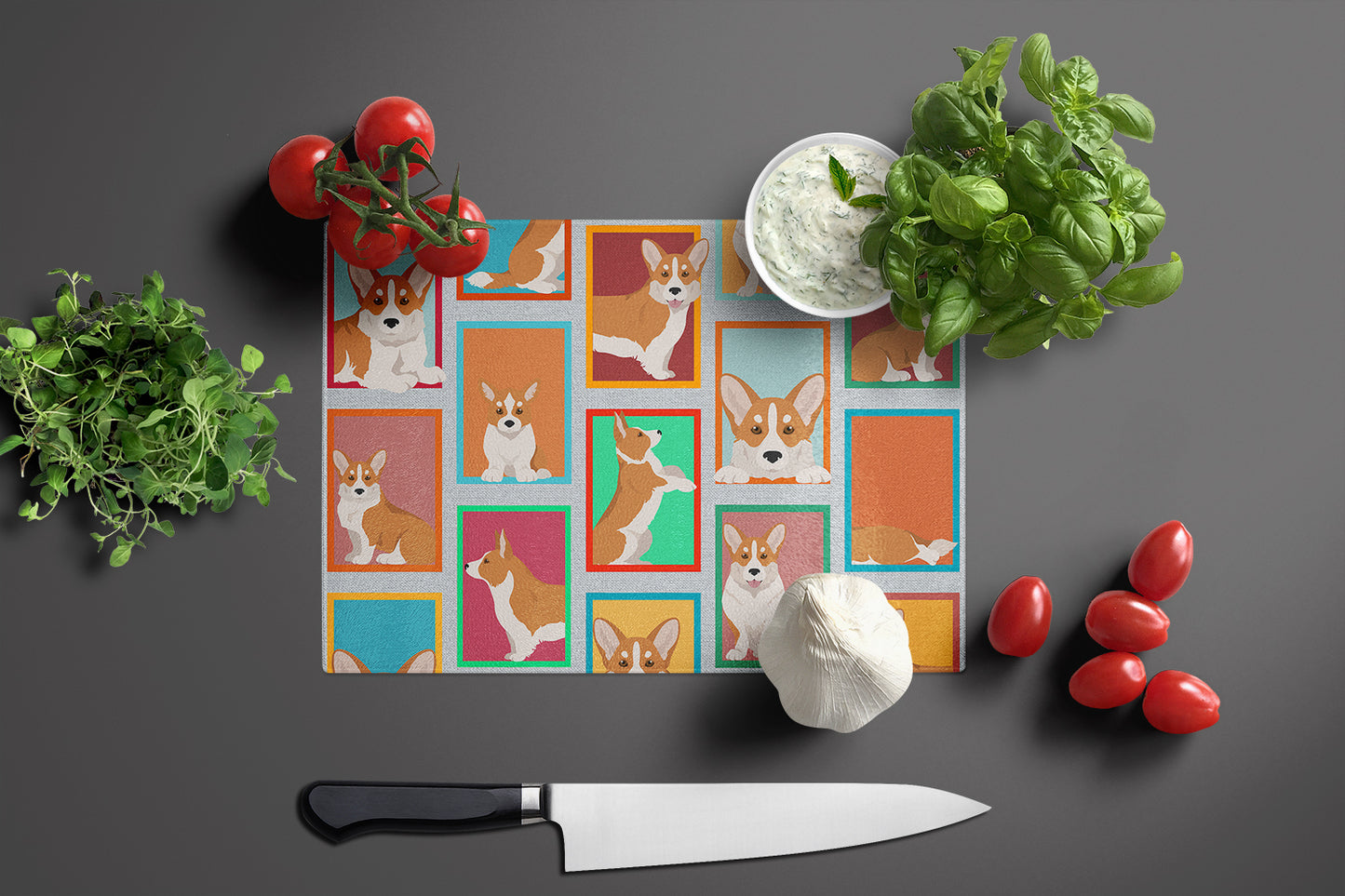 Lots of Red Cardigan Corgi Glass Cutting Board