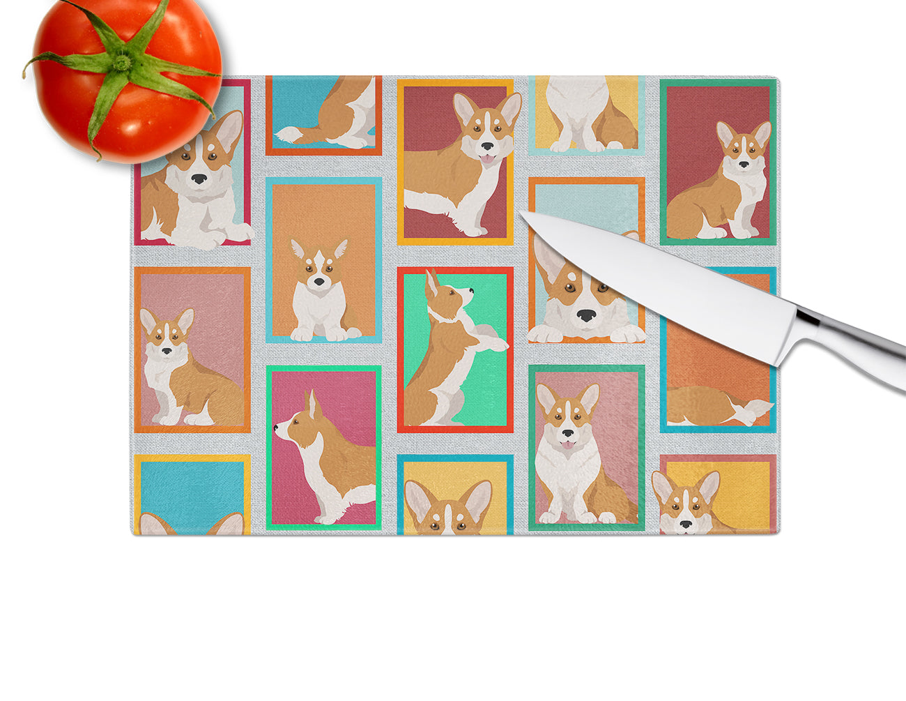 Lots of Red Cardigan Corgi Glass Cutting Board