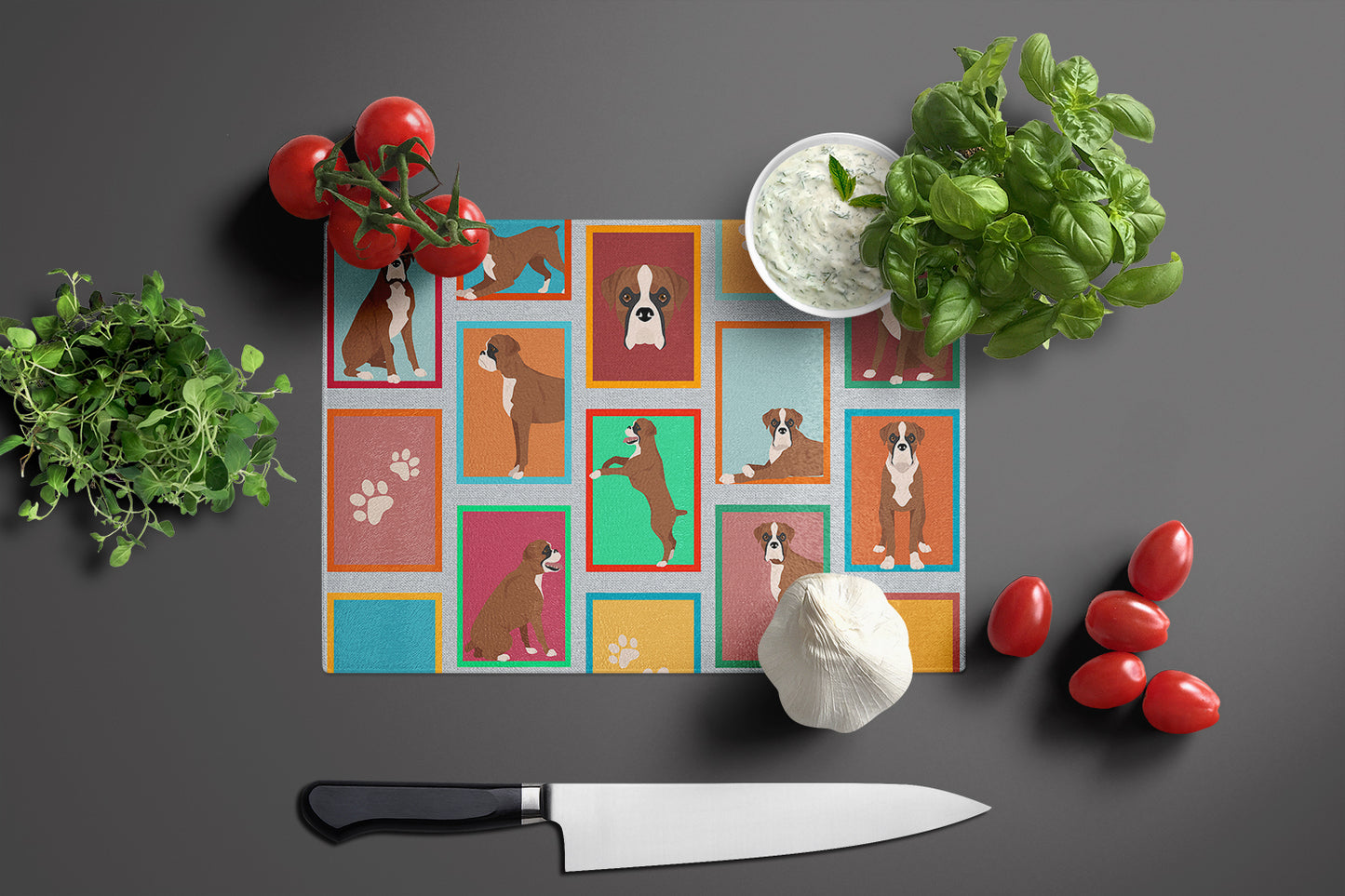 Lots of Flashy Fawn Boxer Glass Cutting Board