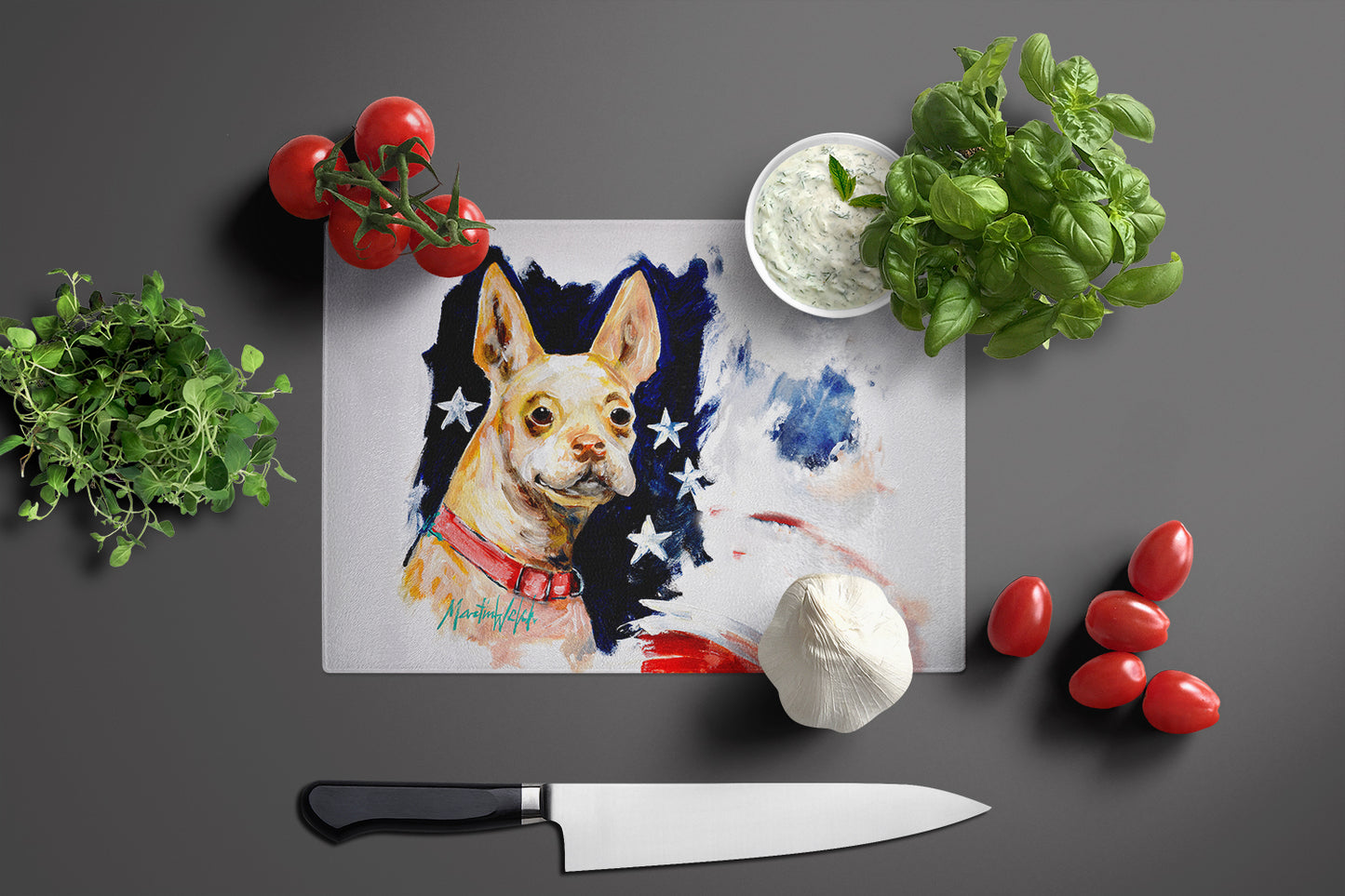 Chevy Boston Terrier Glass Cutting Board