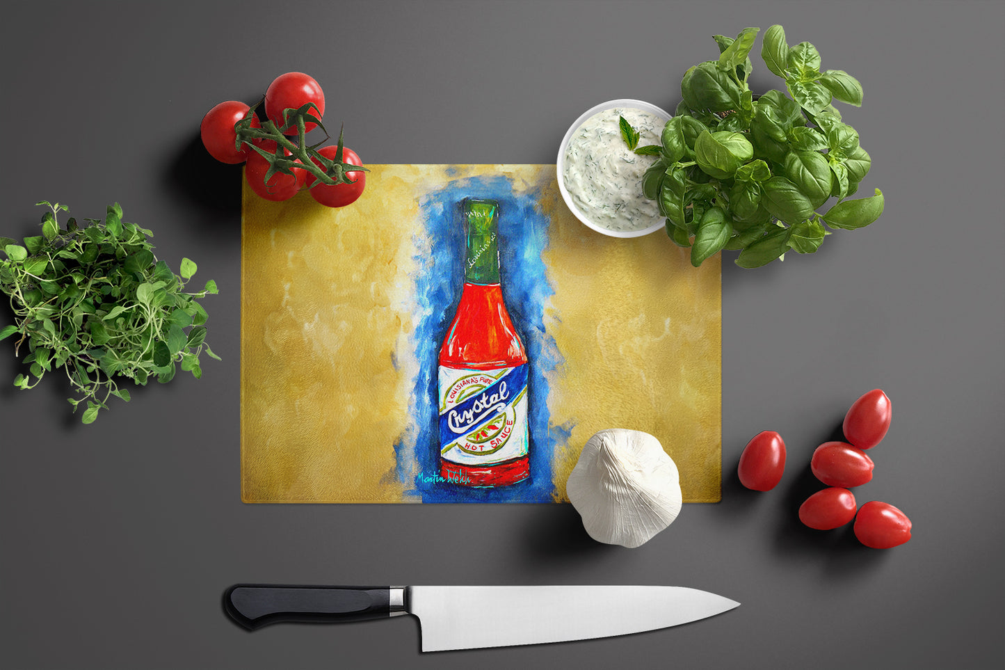 Hot Sauce Crystal Blue Glass Cutting Board