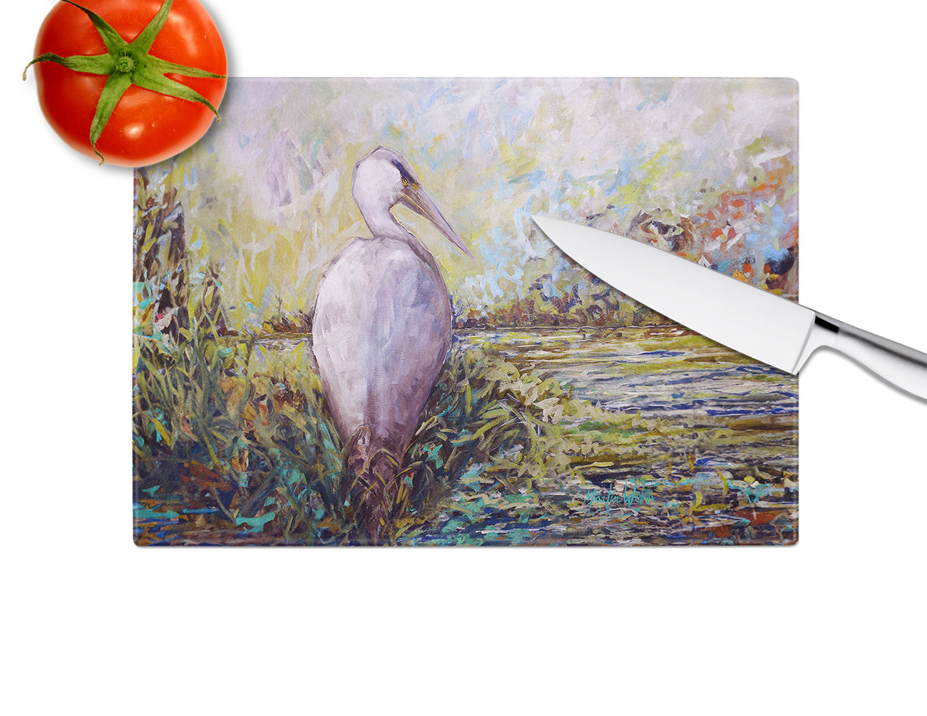 Heron in the Swamp Glass Cutting Board